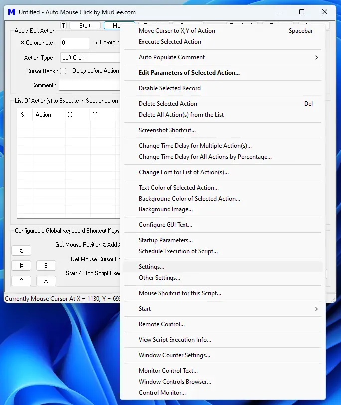 Menu to Control Various Parameters of Auto Mouse Click Application Utility